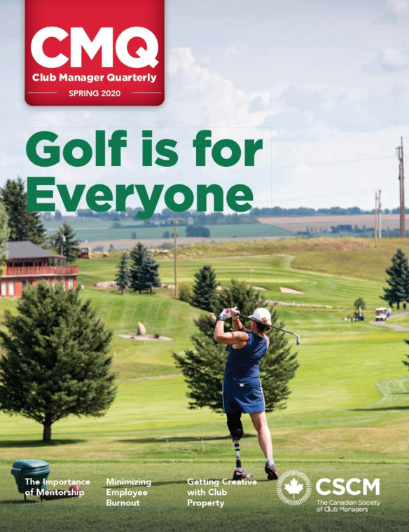 Cover image of Club Manager Quarterly magazine - Spring 2020 - Woman with prosthetic leg hitting golf ball on a green. 
