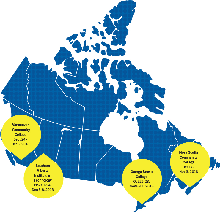 Map of Canada with Assessor Training locations pinned