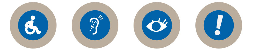 Four graphics. From left to right: Person in wheelchair, an ear with audio aid, an eye, and an exclamation point.