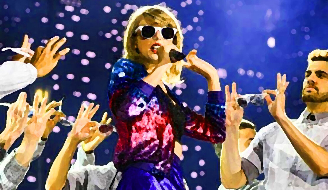 An artistic rendering of Taylor Swift performing on stage. She is wearing a purple skirt and a sparkly pink and purple shirt.