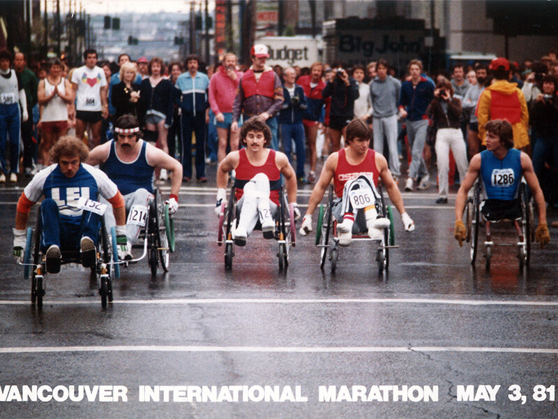 Rick Hansen and team participate in Vancouver International Marathon in May, 1981