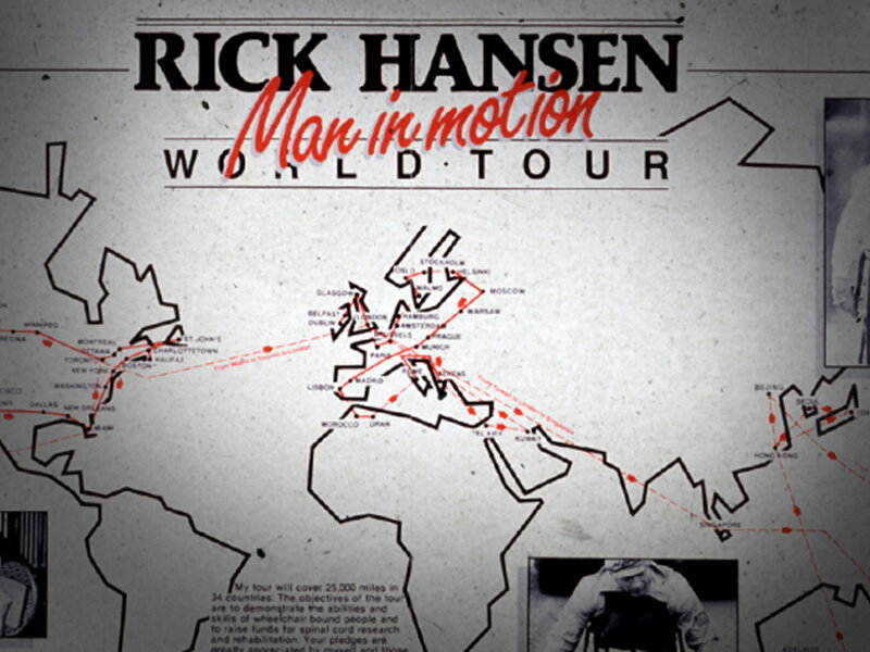 Mural of locations visited during Rick Hansen Man in Motion World Tour
