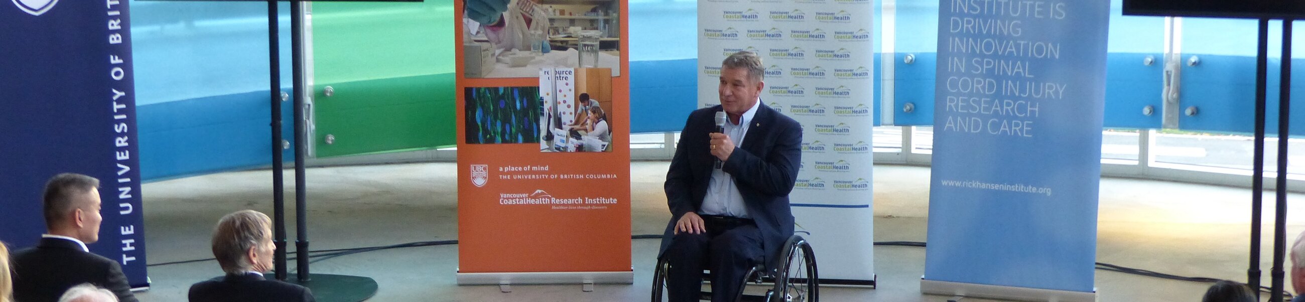 Rick speaks at an event at Blusson Spinal Cord Centre