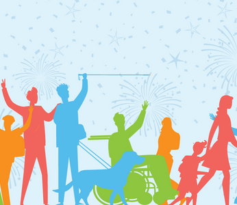 Group of brightly coloured silhouettes of people with hearing aids, wheelchairs, canes and other mobility aids for people with disabilities 