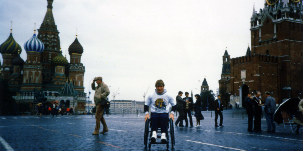 Rick Hansen in Red Square, Moscow during early September of 1985.