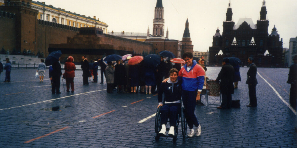 Rick Hansen wheels around Red Square with Amanda Reid in Moscow, Russia