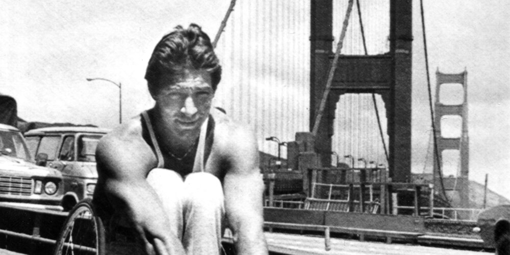 One of Rick Hansen's milestones as he wheeled over the Golden Gate Bridge. 