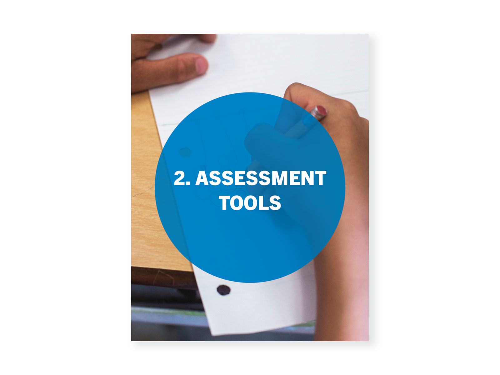 Close up photo of a student's hands as they write on a blank sheet of paper. Cover image for "Disability Awareness (K-8) Assessment Tools".