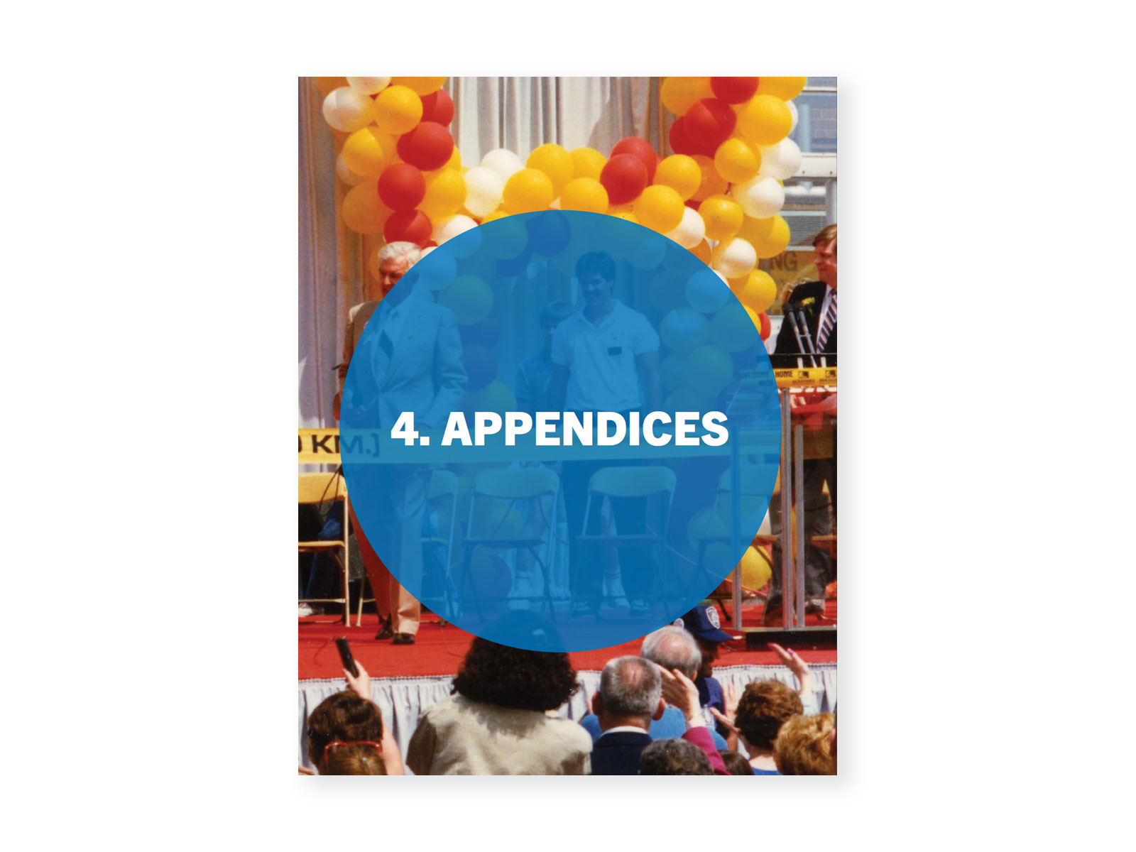 Photo from the end of the Man In Motion World Tour celebration - a balloon fixture can be seen as well as a crowd of people. Cover for "Appendices (K-8)".