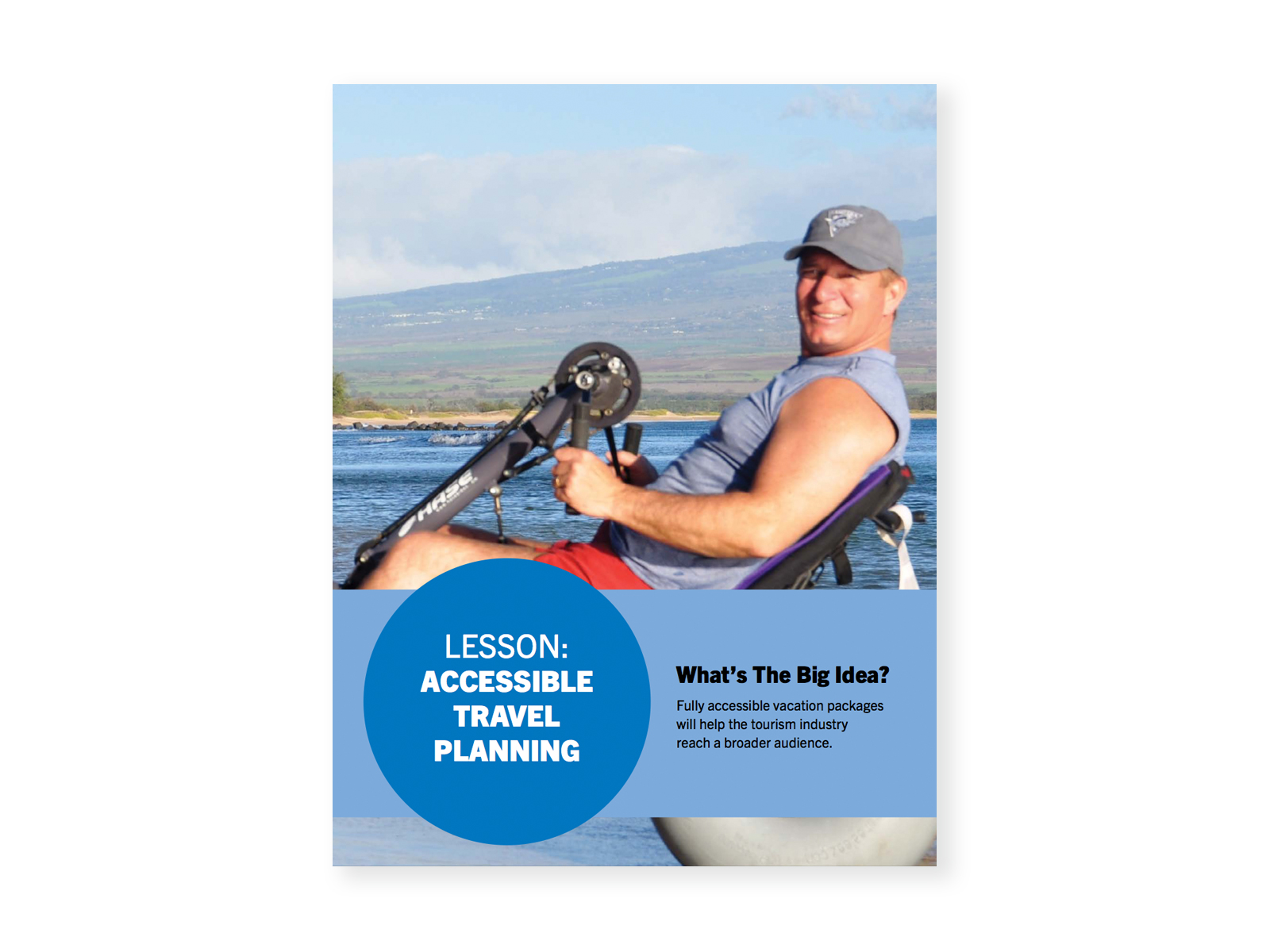 Rick Hansen using a beach wheelchair, posing in front of a lake and mountain. Cover for "Accessible Travel Planning" lesson.