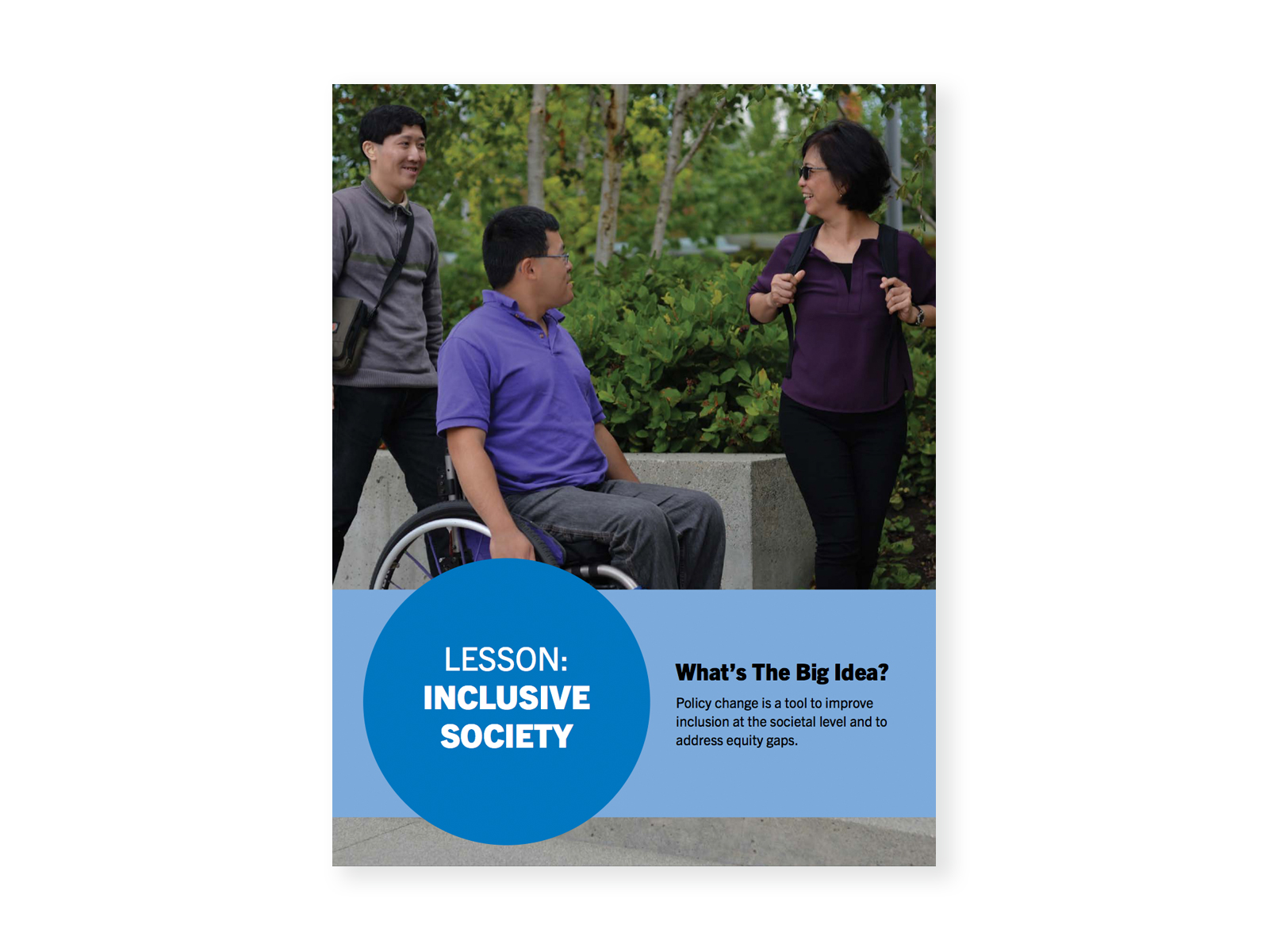 Two men and a woman on a sidewalk conversing. One man is using a wheelchair. Cover of "Inclusive Society" lesson.