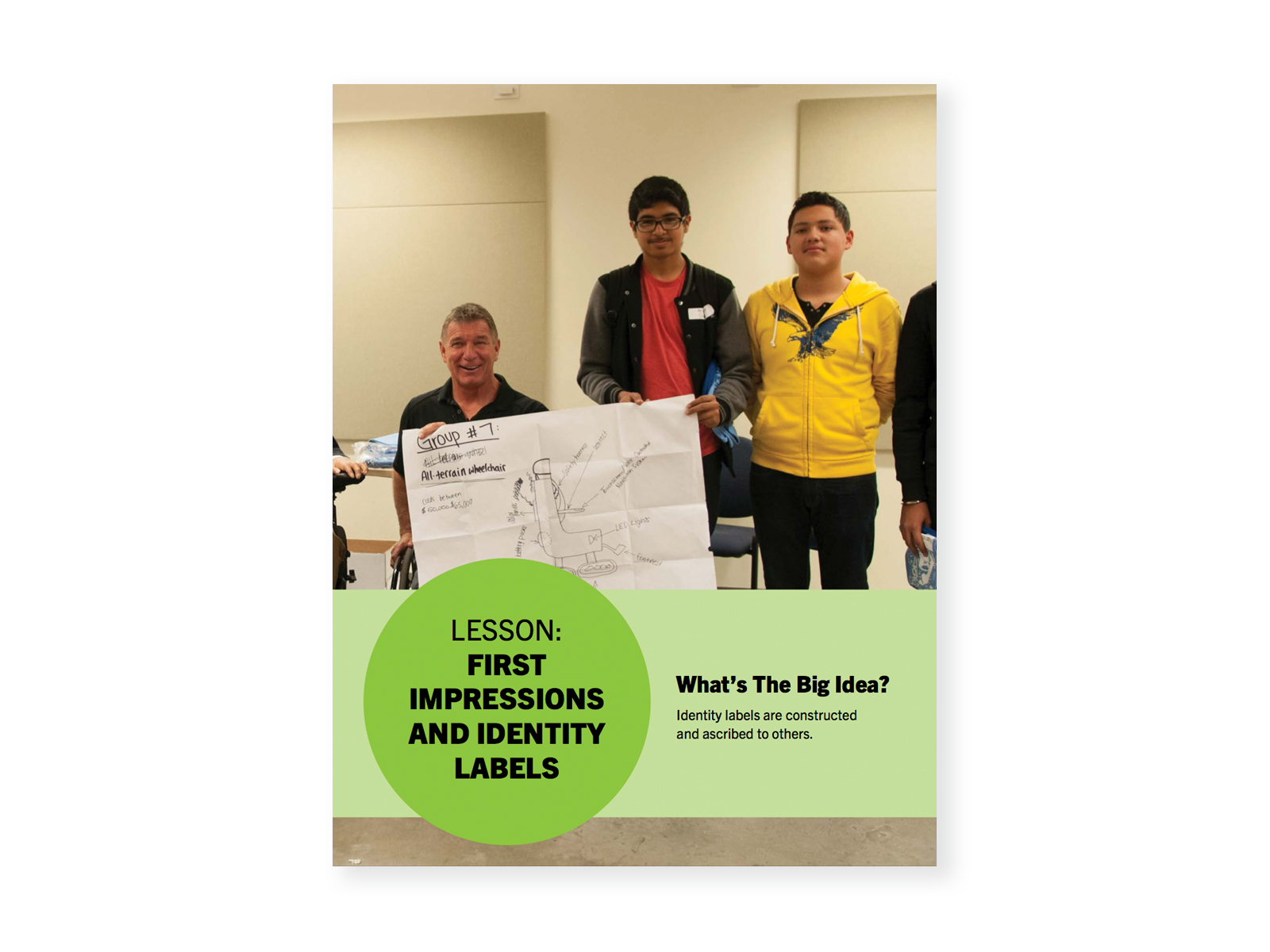 Rick Hansen and two high school students holding up a poster. Cover for "First Impressions and Identity Labels" lesson.