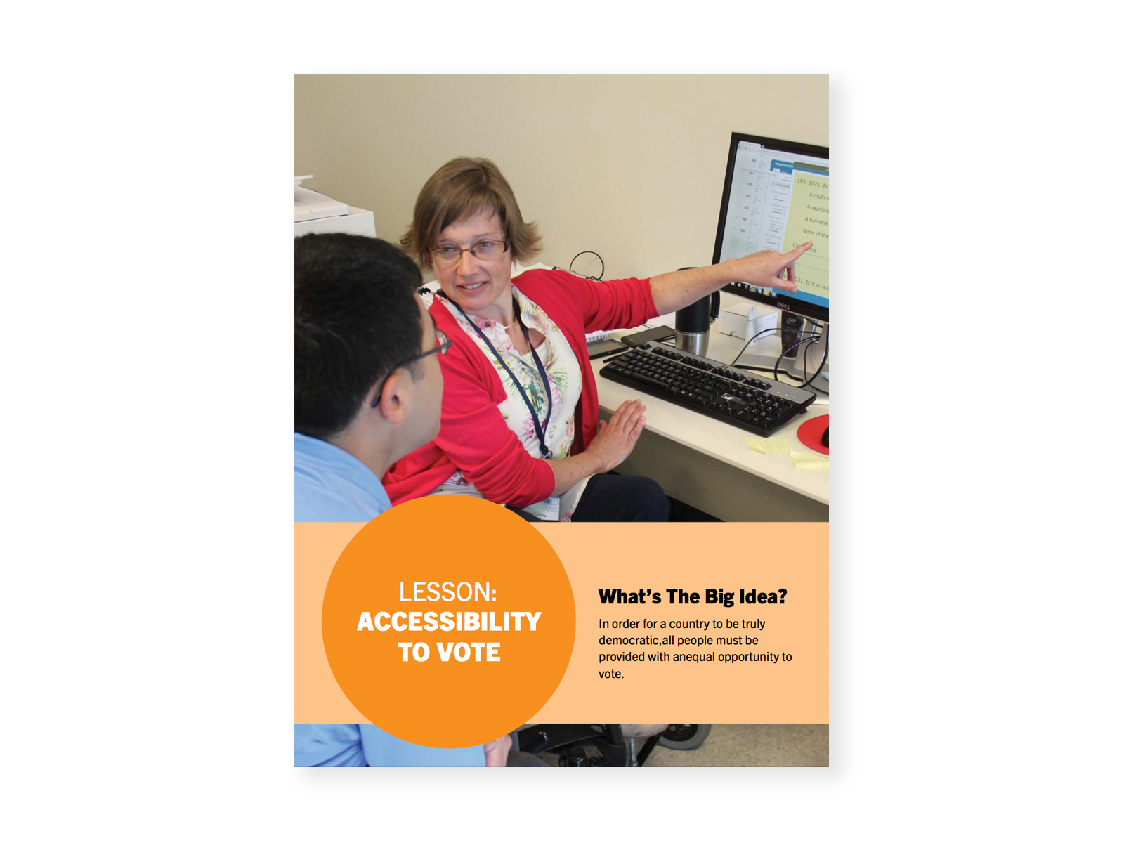A woman using a wheelchair pointing at a computer screen, while assisting a man in a wheelchair. Cover for "Accessibility to Vote" lesson.