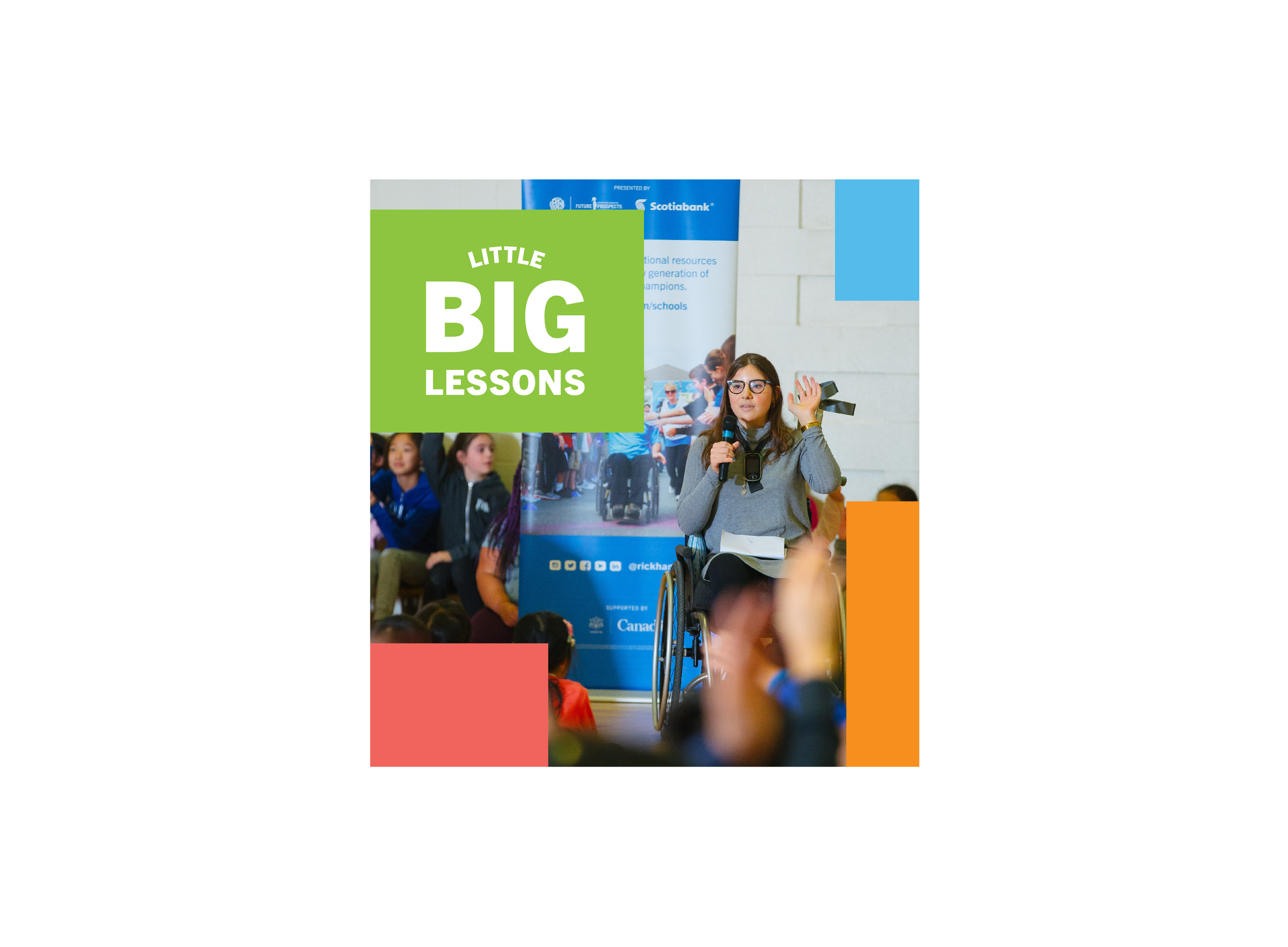A woman in a wheelchair wearing glasses and blue sweater speaks to a group of kids in a school gym. Title says Little Big Lessons