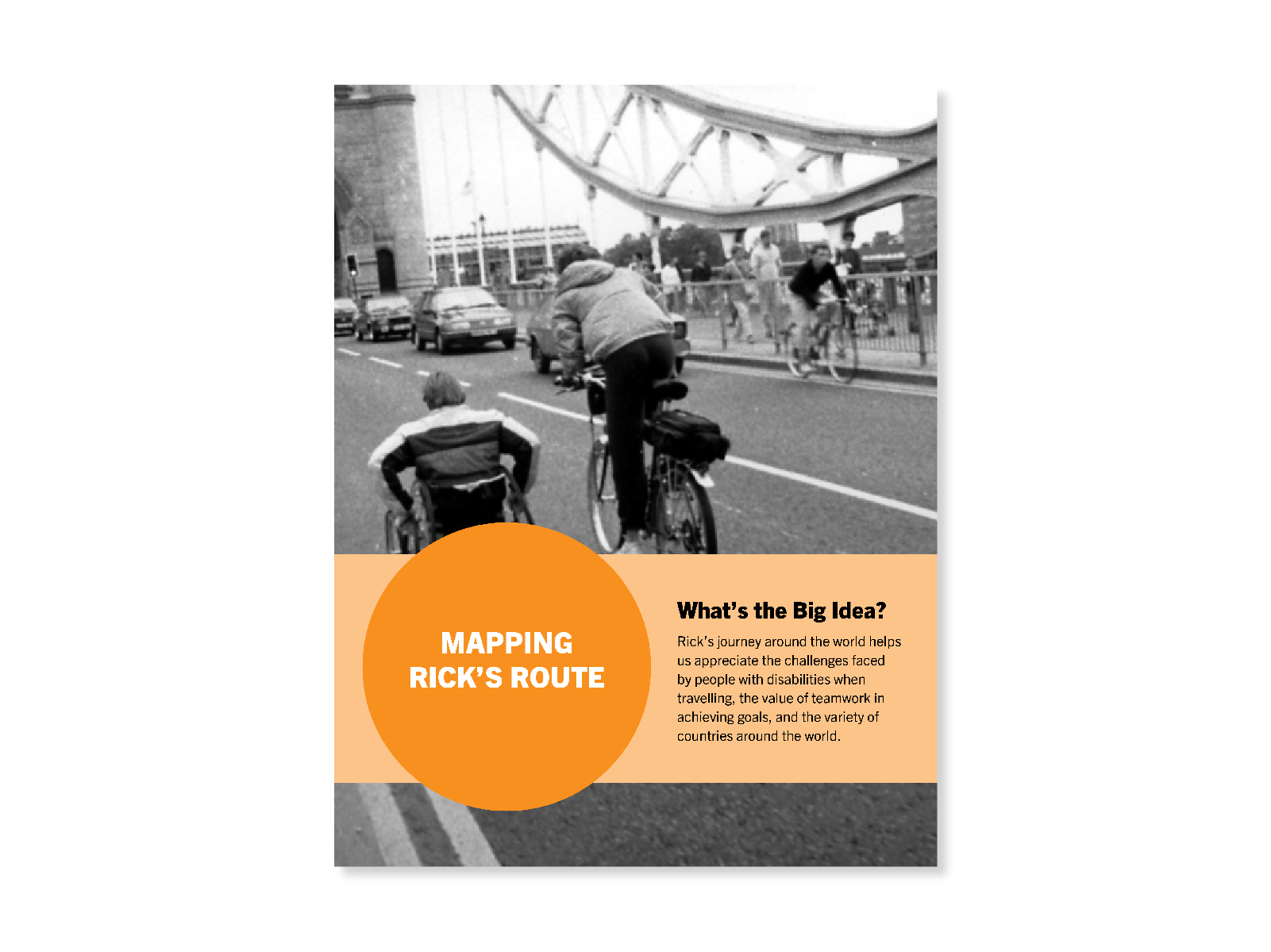 Black and white photo from the Man In Motion World Tour. The backs of Rick Hansen and a tour member can be seen as they wheel and cycle ahead. There are some cars and cyclists in the oncoming lane. Cover for "Mapping Rick's Route" lesson.