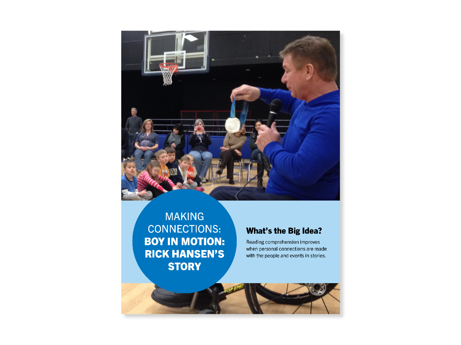 Cover for Making ConnectionsRick Hansen holding up a silver medal, as he uses a microphone to speak to a group of seated students and teachers. They are in an elementary school gymnasium - a basketball hoop hangs over the staff. Cover for "Making Connections" lesson.