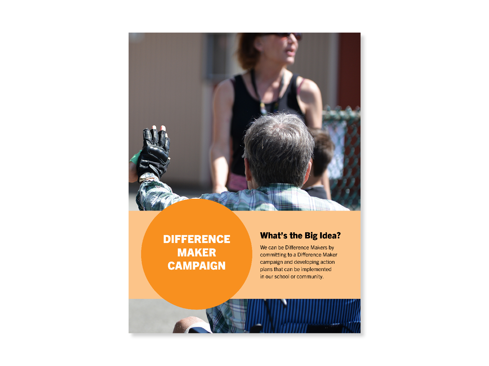 The back of an older man with grey hair, sitting in a wheelchair. In the background a woman and child can be seen in what looks like a school courtyard. Cover for "difference Maker Campaign" lesson.