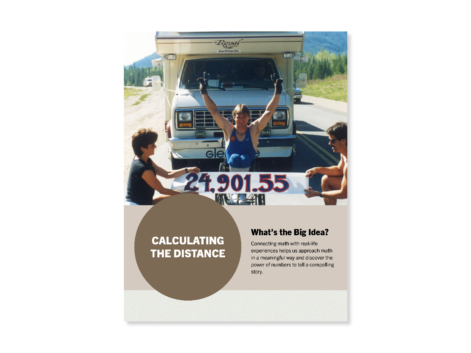 Photo from the Man In Motion World Tour of Rick celebratorily raising his arms and wheeling into a 24,901.55 km sign held up by Amanda Hansen and another tour member. Cover for "Calculating the Distance" lesson.
