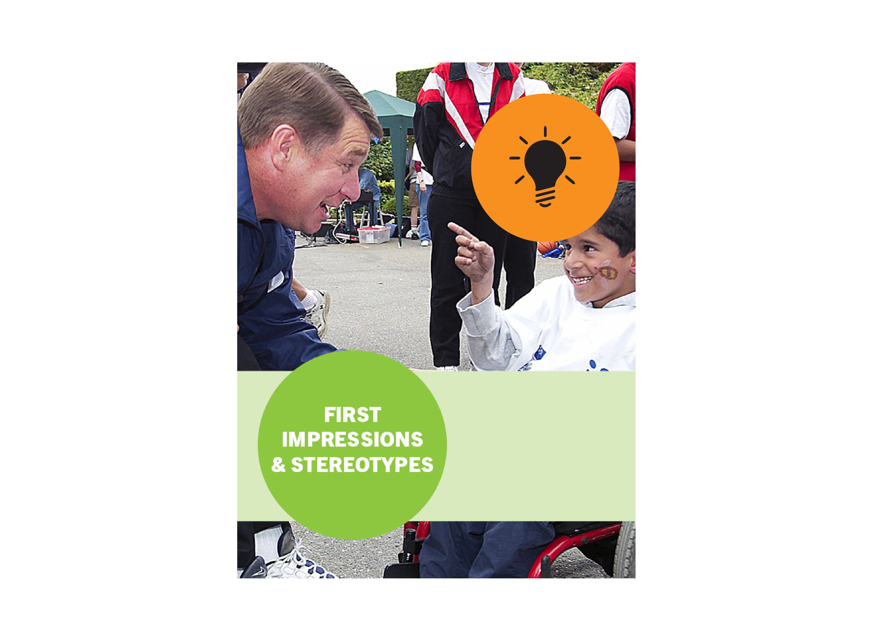 Rick Hansen and a young boy in a wheelchair smiling at each other, title text says "First Impressions and Stereotypes"