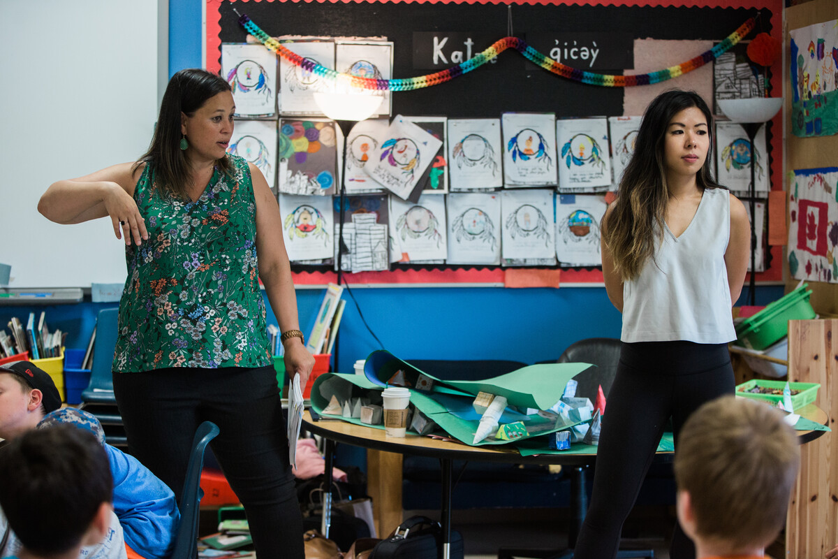 Two teachers at the front of a classroom teaching