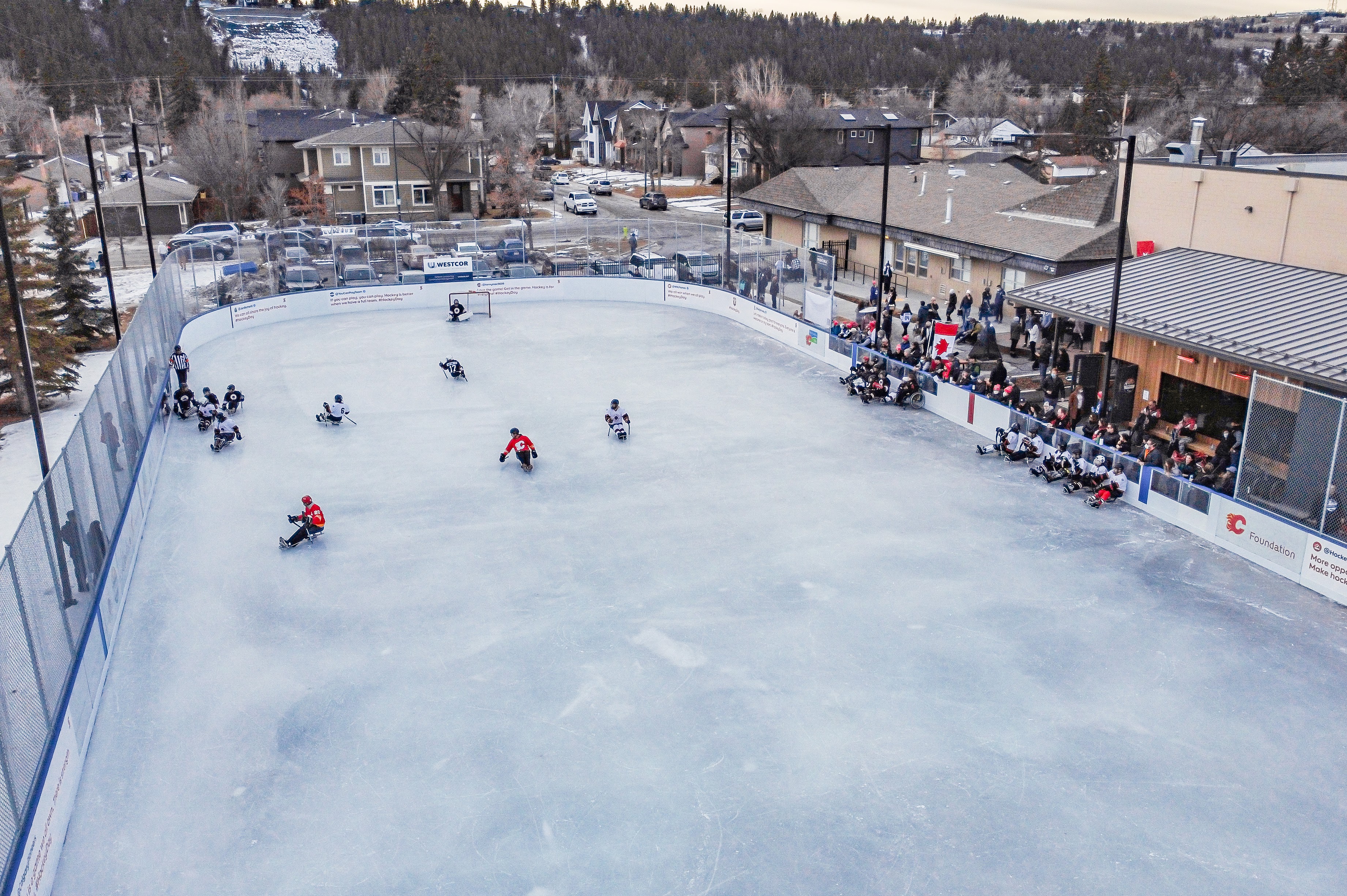 Aerial view of Parkdale ice rink. The rink is outdoors, and people are playing sledge hockey. There are houses and cars in the neighbourhood beside the arena.