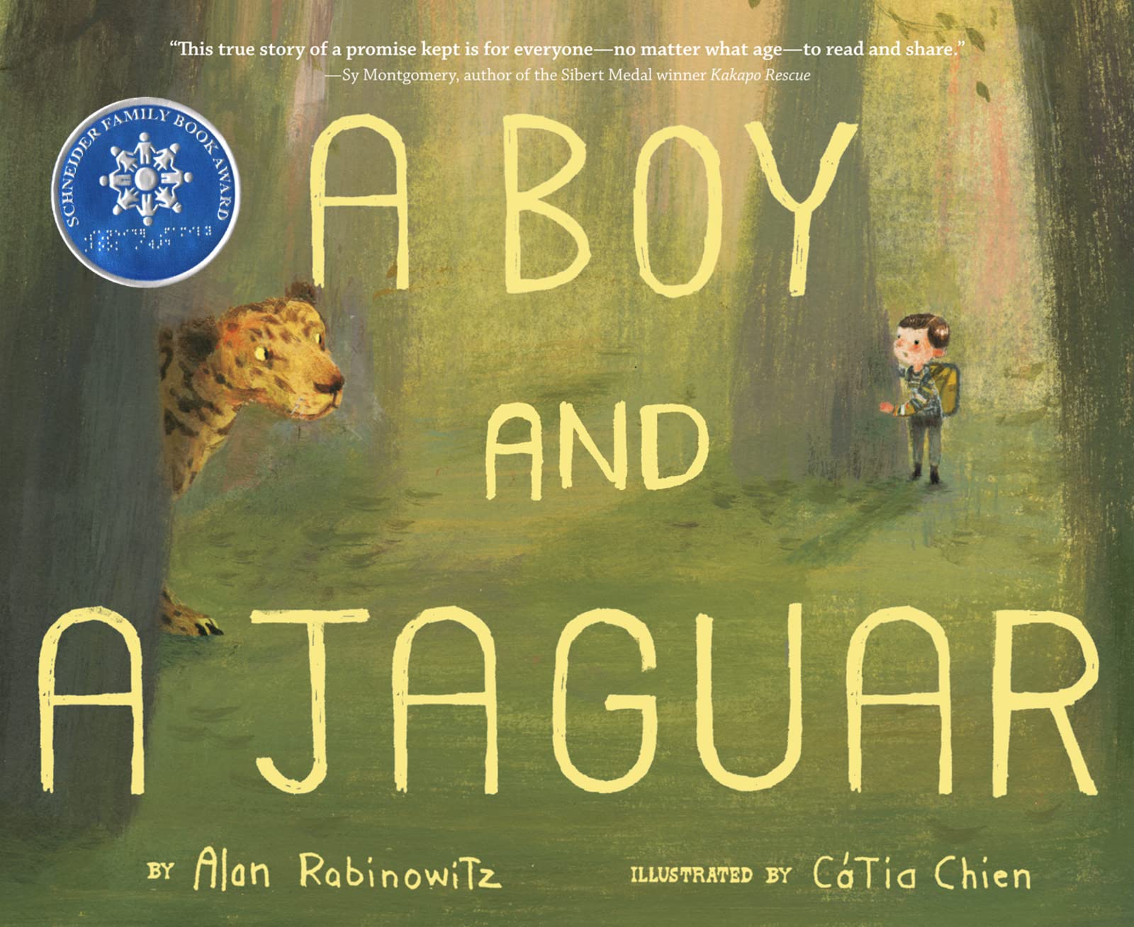 A cartoon boy in a jungle looking at a jaguar. In large yellow writing , the title reads a boy and a jaguar. In the top left corner there is a blue award.