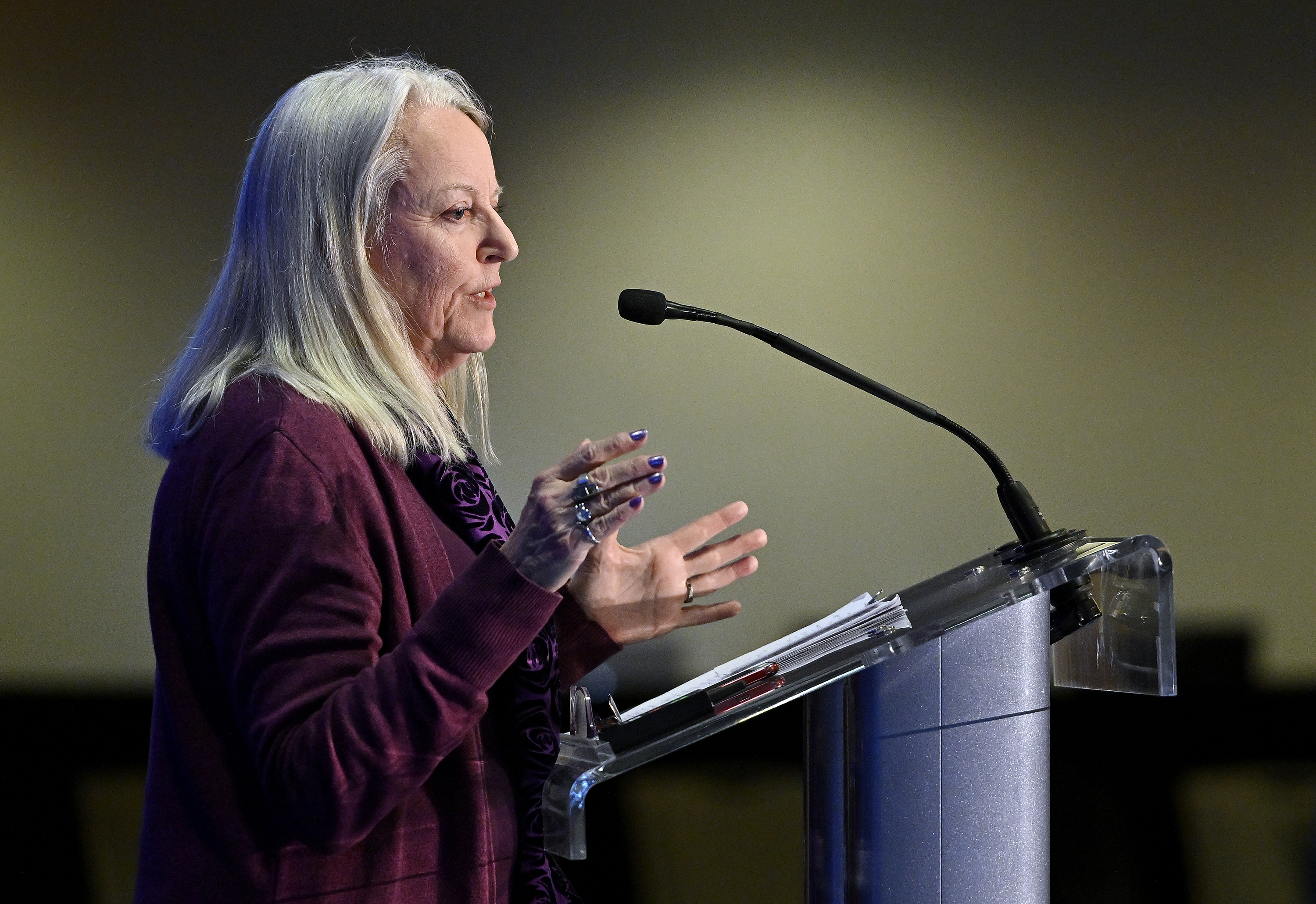 Dr. Karen Keddy speaking into a microphone