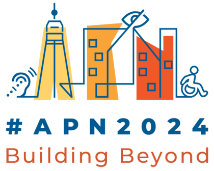 APN 2024 Building Beyond logo. Stylized, simple line drawing image of buildings in the centre, image of an ear to the left, image of a person in a wheelchair to the right.