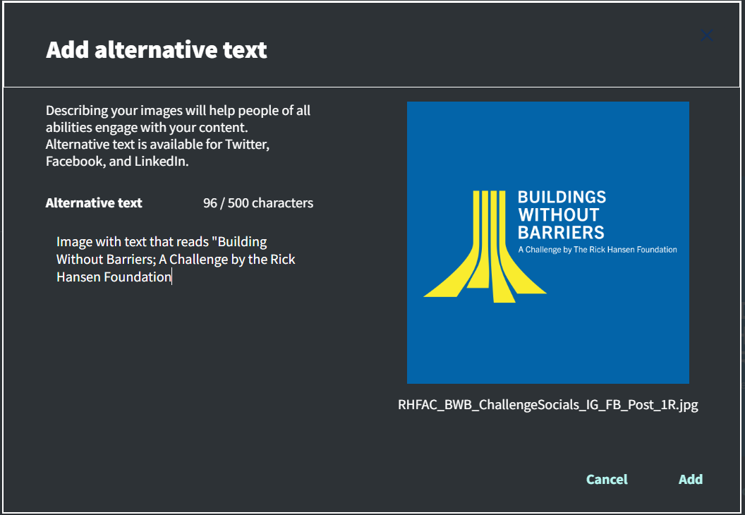 Screenshot of a digital content publishing platform showing the field for adding descriptive alt text