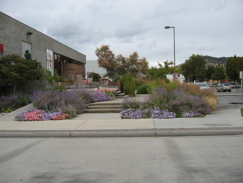 Museum entrance with multiple steps surrounded by landscaped flower beds filled with pink, purple, and green plants.