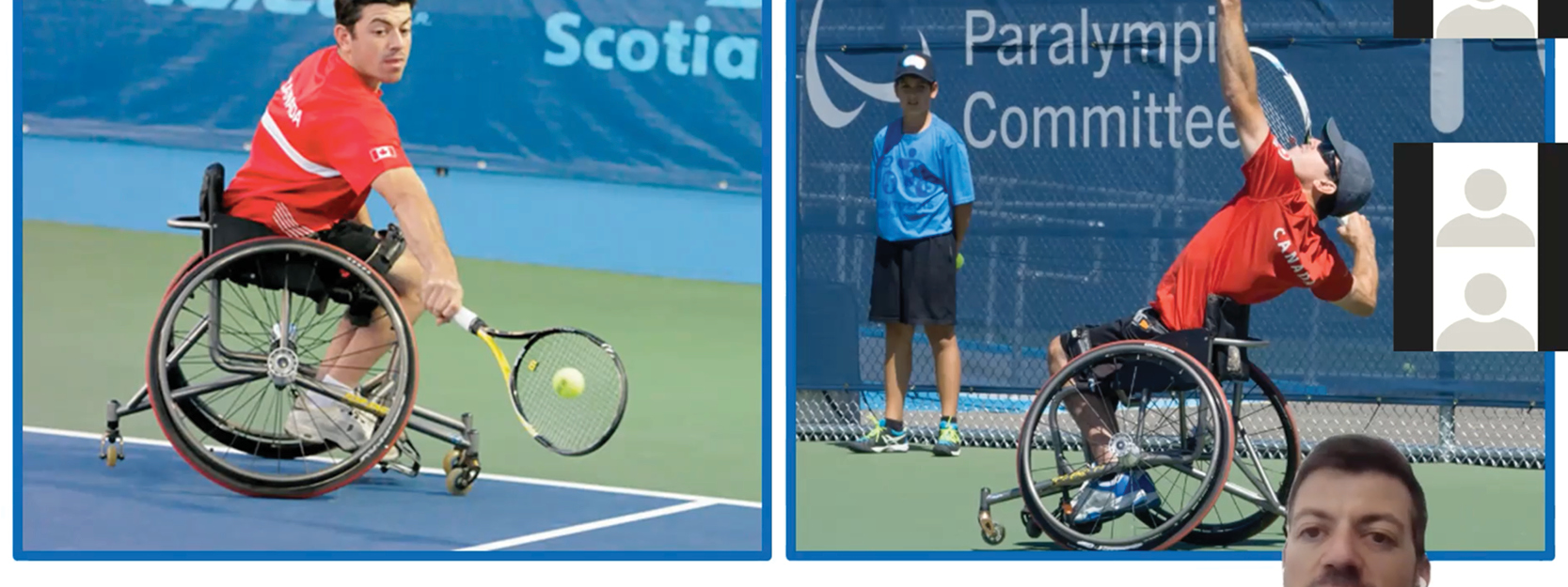A wheelchair tennis athlete in two poses, serving and a backhand