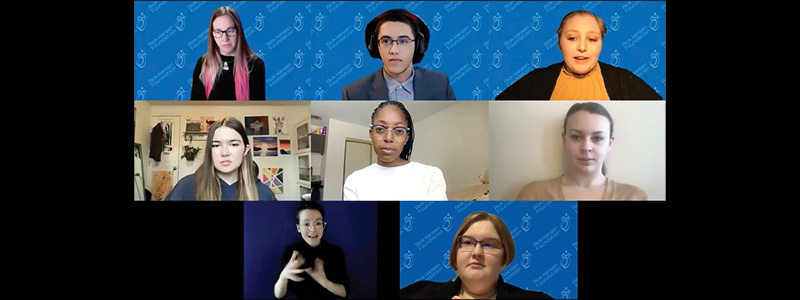 Virtual panel of seven young people and one sign language interpreter. One of the panelists is a male.