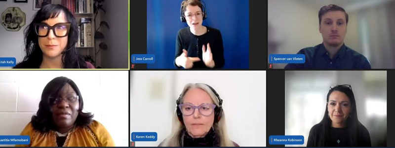 Six people on a virtual panel discussion, one of which is an ASL interpreter.