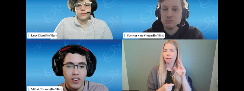 Four young people on a virtual panel discussion, one of which is an ASL interpreter. 