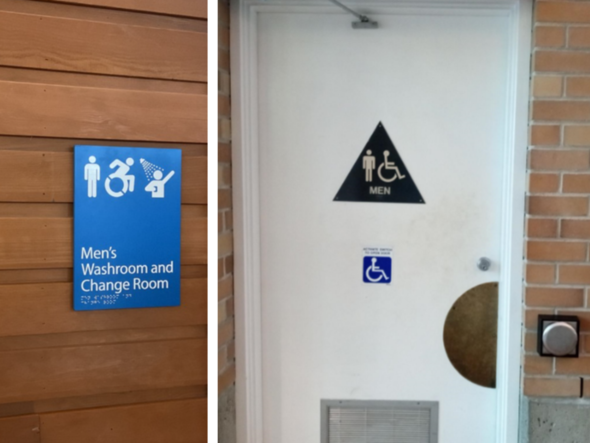 Left: Blue sign on a wooden wall reading “Men’s Washroom and Change Room” with accessibility and shower icons plus Braille text. Right: White door with black triangle sign showing male and wheelchair symbols, labeled “Men,” and an accessibility sticker below.