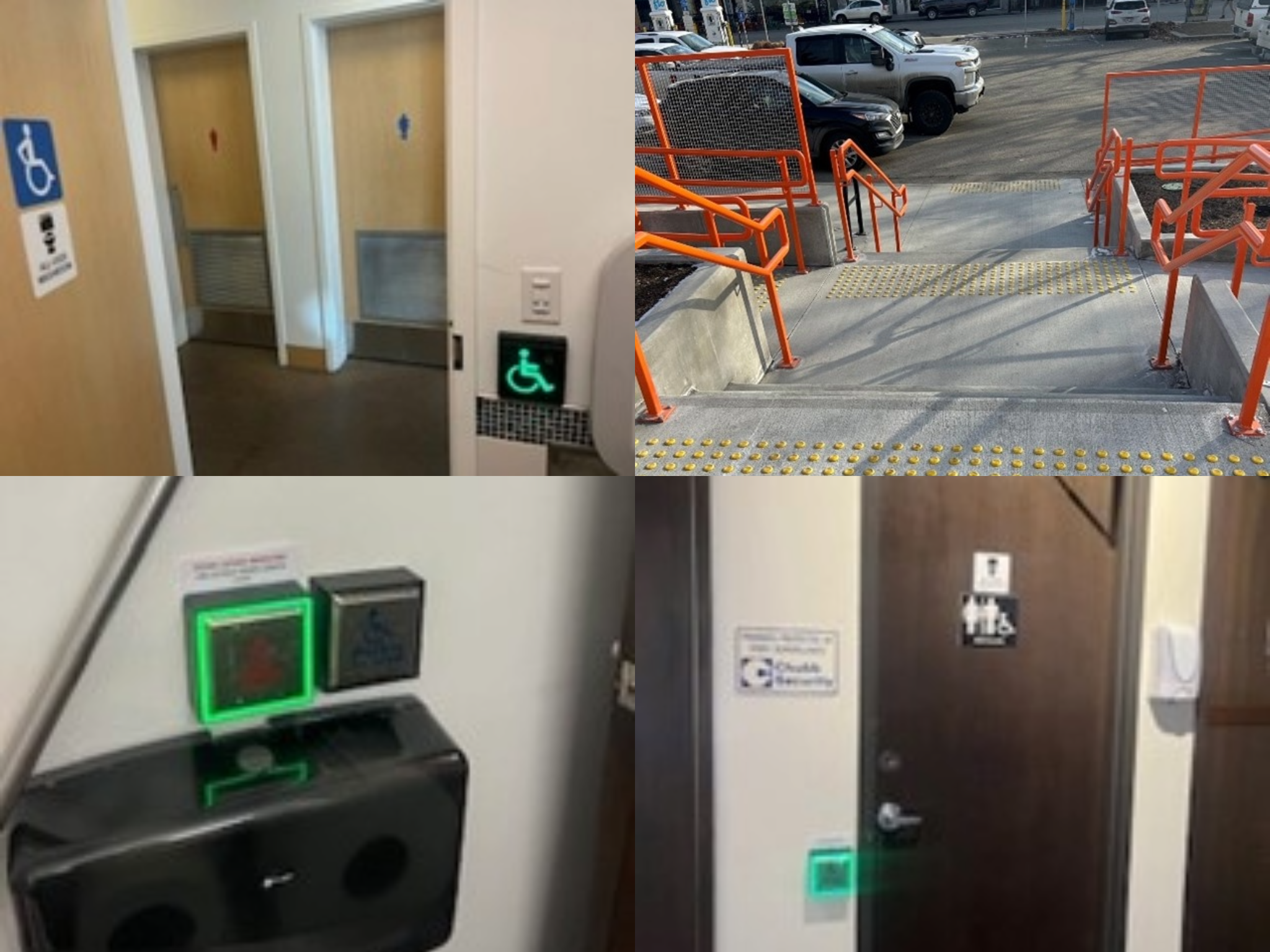 Collage showing accessibility features: automatic door buttons with green lights, restroom doors with accessibility signs, and a ramp with orange handrails and tactile strips.