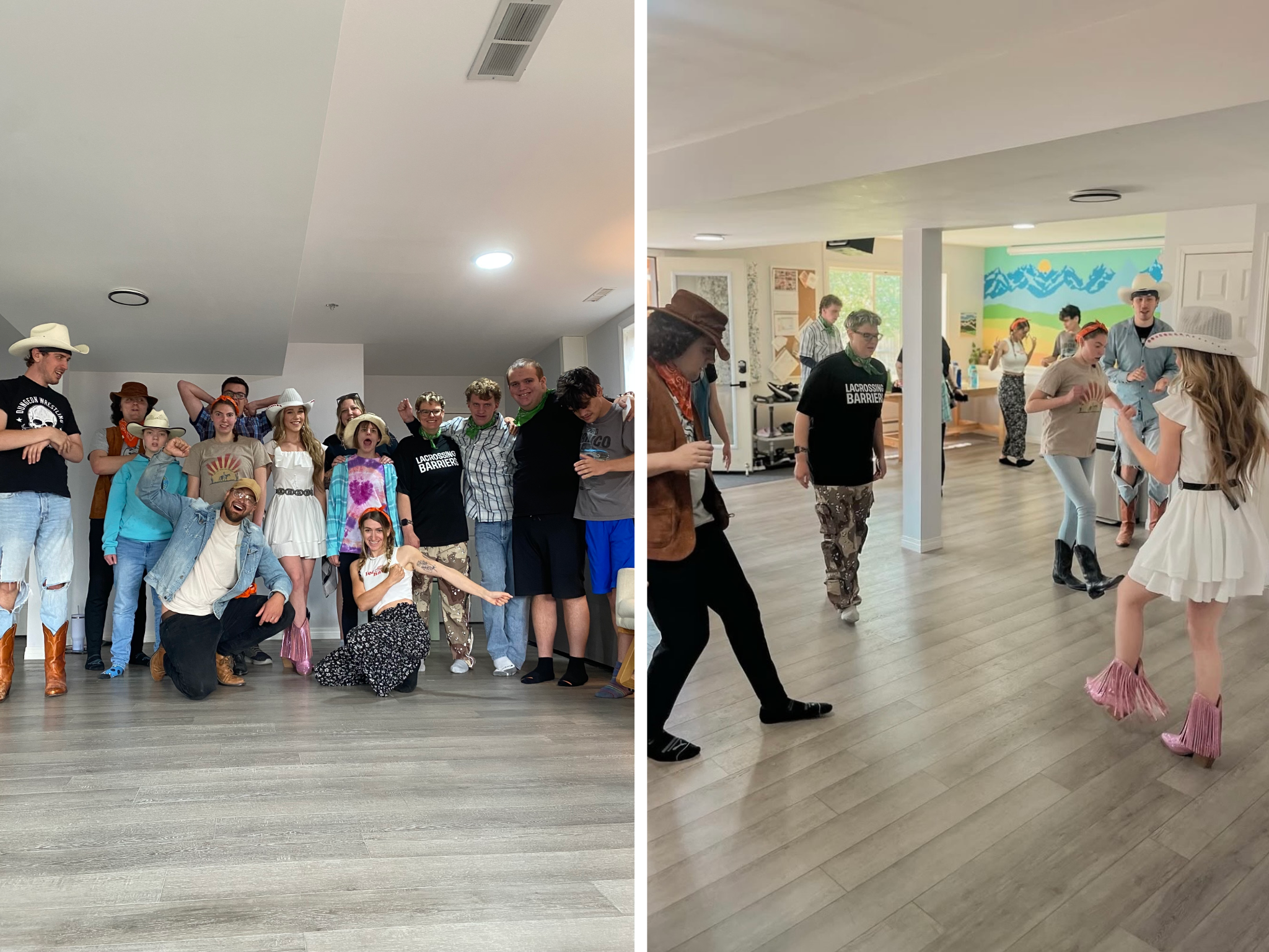 Two photos side by side: left shows a group of people in casual and western-style outfits posing indoors; right shows individuals dancing in a room with wood flooring.