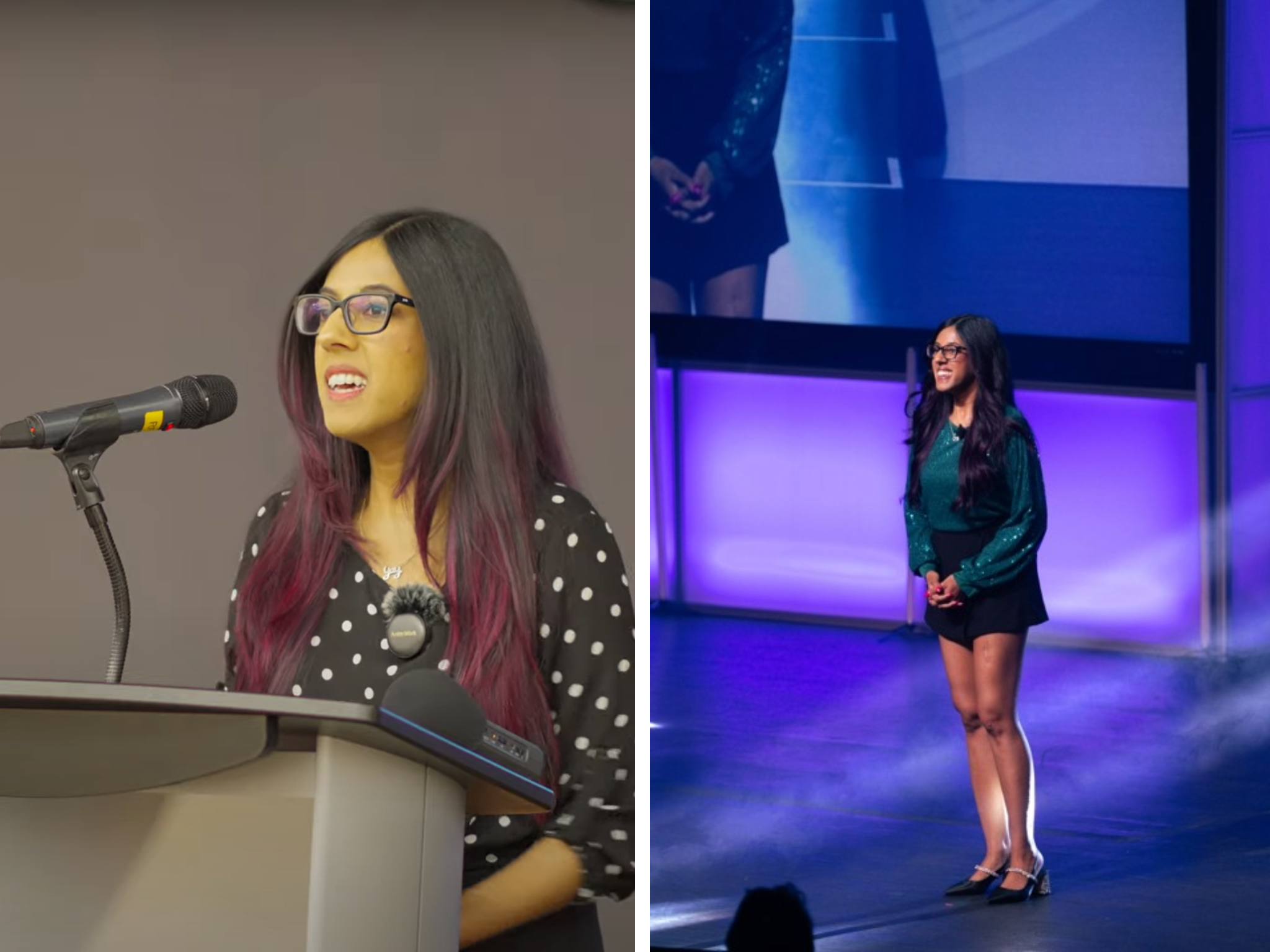 Woman with long black hair wearing glasses stands indoors at a podium with a microphone, speaking during an event.