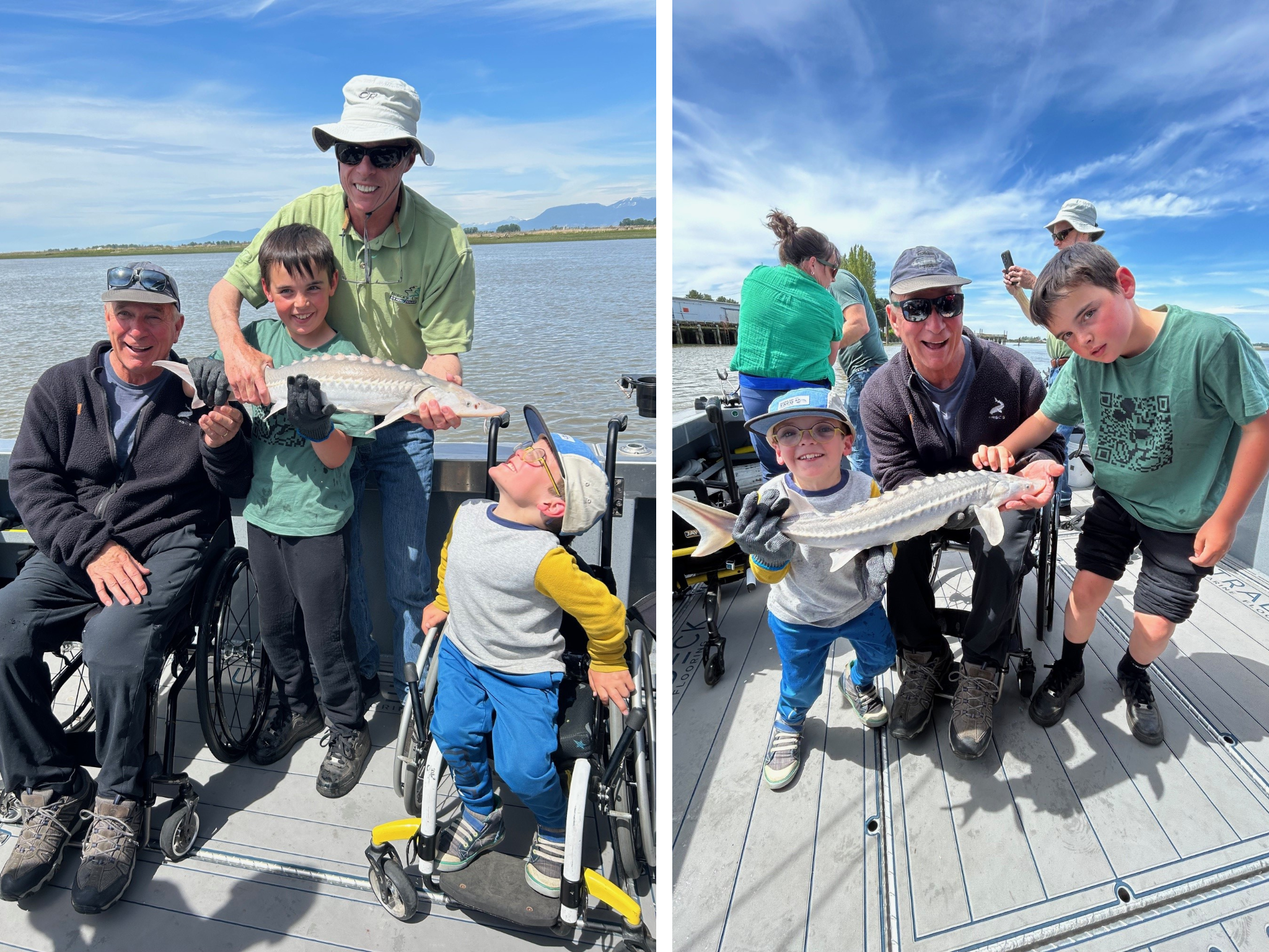 Two people in wheelchairs and another person holding a large fish together on a boat deck.