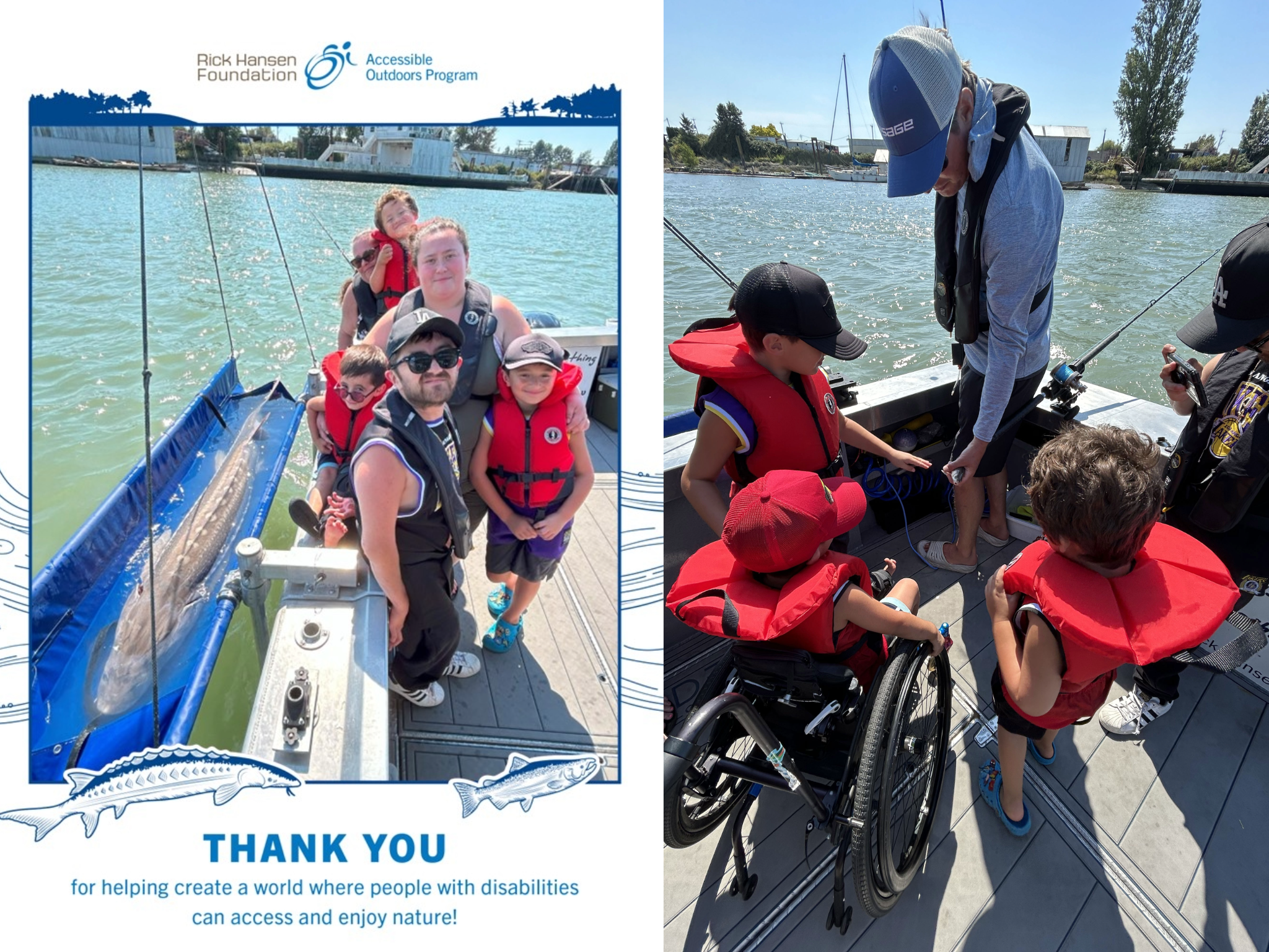Group standing together on a boat dock wearing life jackets, including a child using a wheelchair. A graphic overlay reads, “Thank you for helping create a world where people with disabilities can access and enjoy nature,” with Rick Hansen Foundation and Accessible Outdoors Program logos.