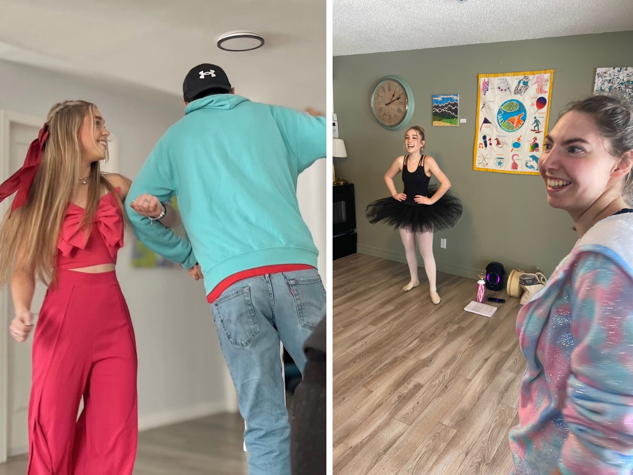Two photos side by side: left shows two people dancing indoors, one wearing a bright red outfit; right shows a person in a black ballet tutu standing in a room with colorful artwork on the wall.