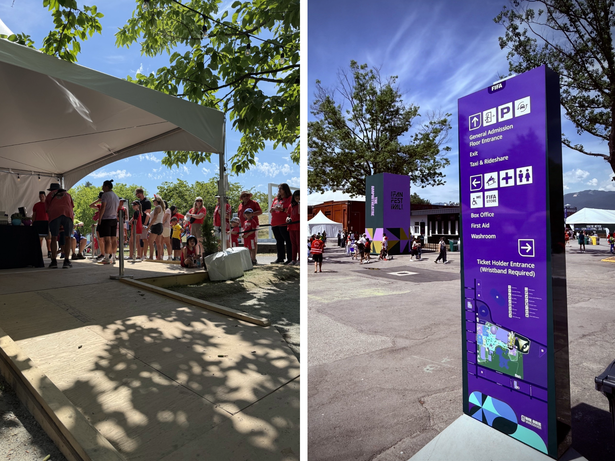 Accessible entrance tent with a level wooden pathway leading inside, while visitors wait nearby under trees at FIFA Fan Festival Vancouver.