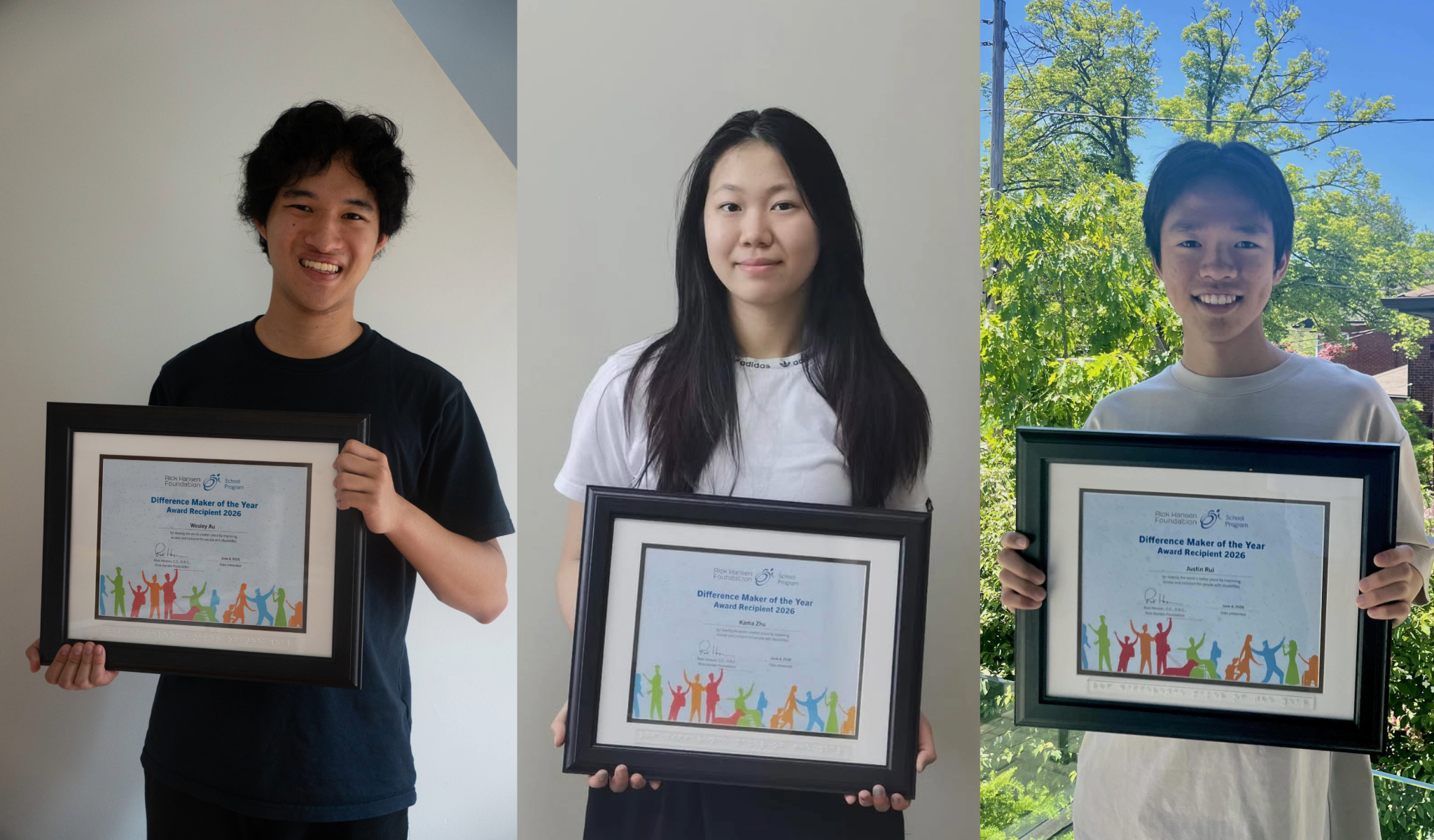 Three separate portraits of young people holding framed “Difference Maker of the Year Award Recipient 2026” certificates against neutral indoor and outdoor backgrounds.