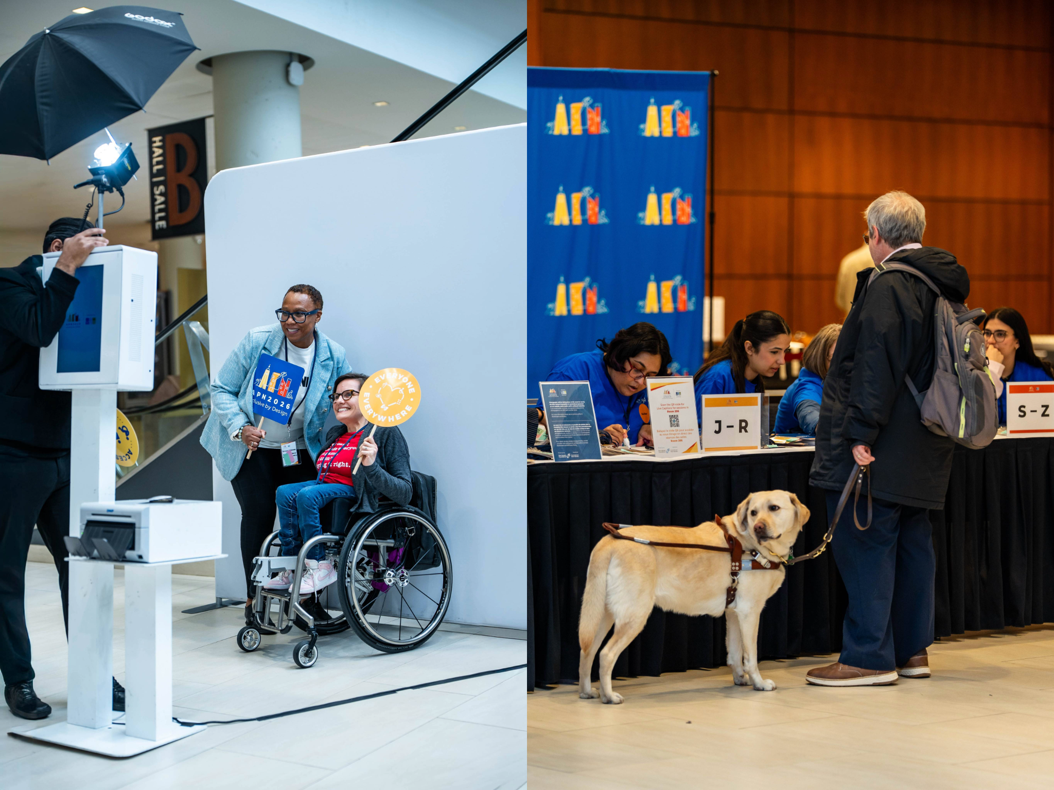 A pair of attendees have their photo taken with APN 2026 signs and A man with guide dog registers for APN 2026