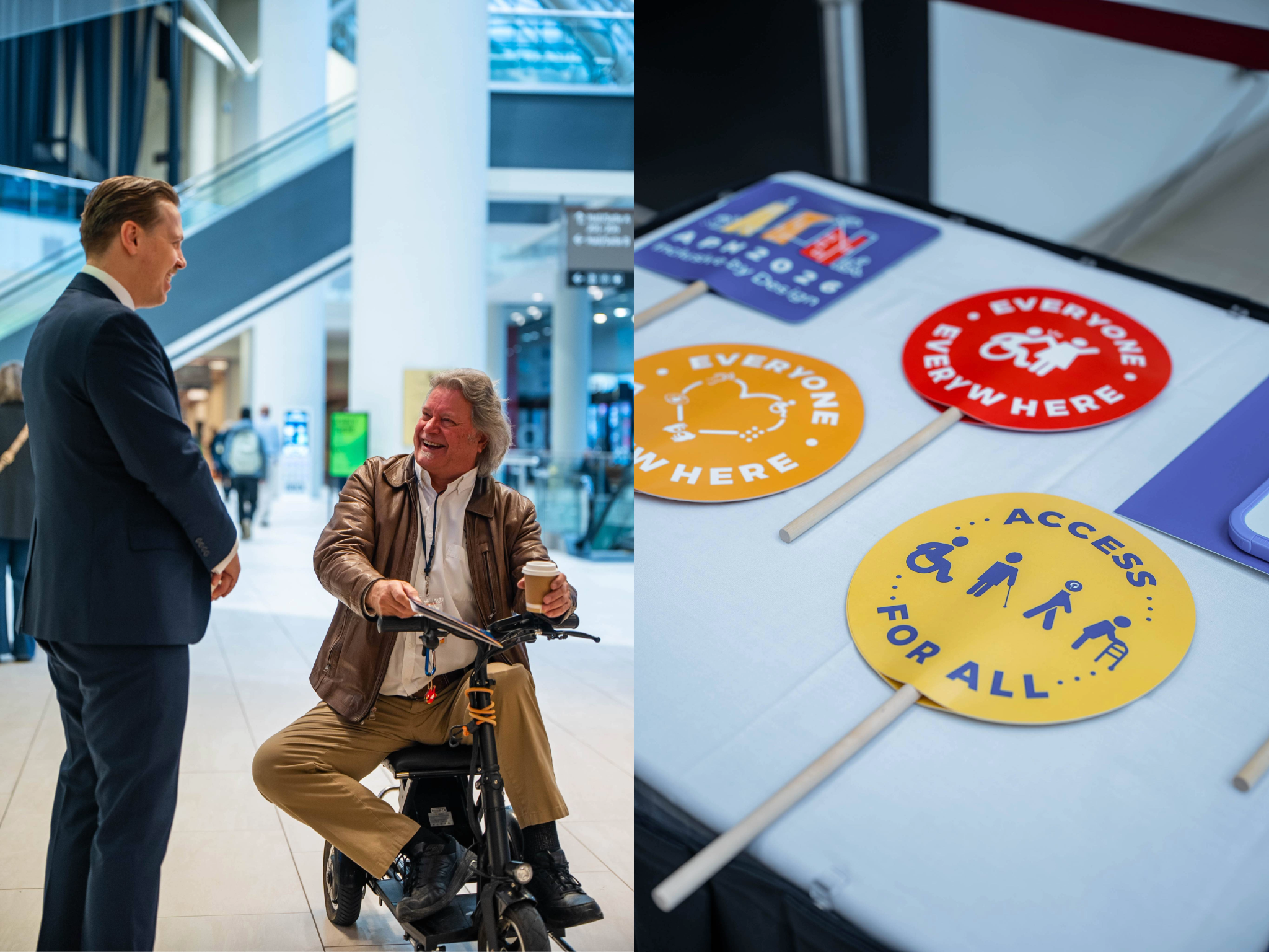 Two people, one on a mobility scooter, speak in the lobby of APN 2026