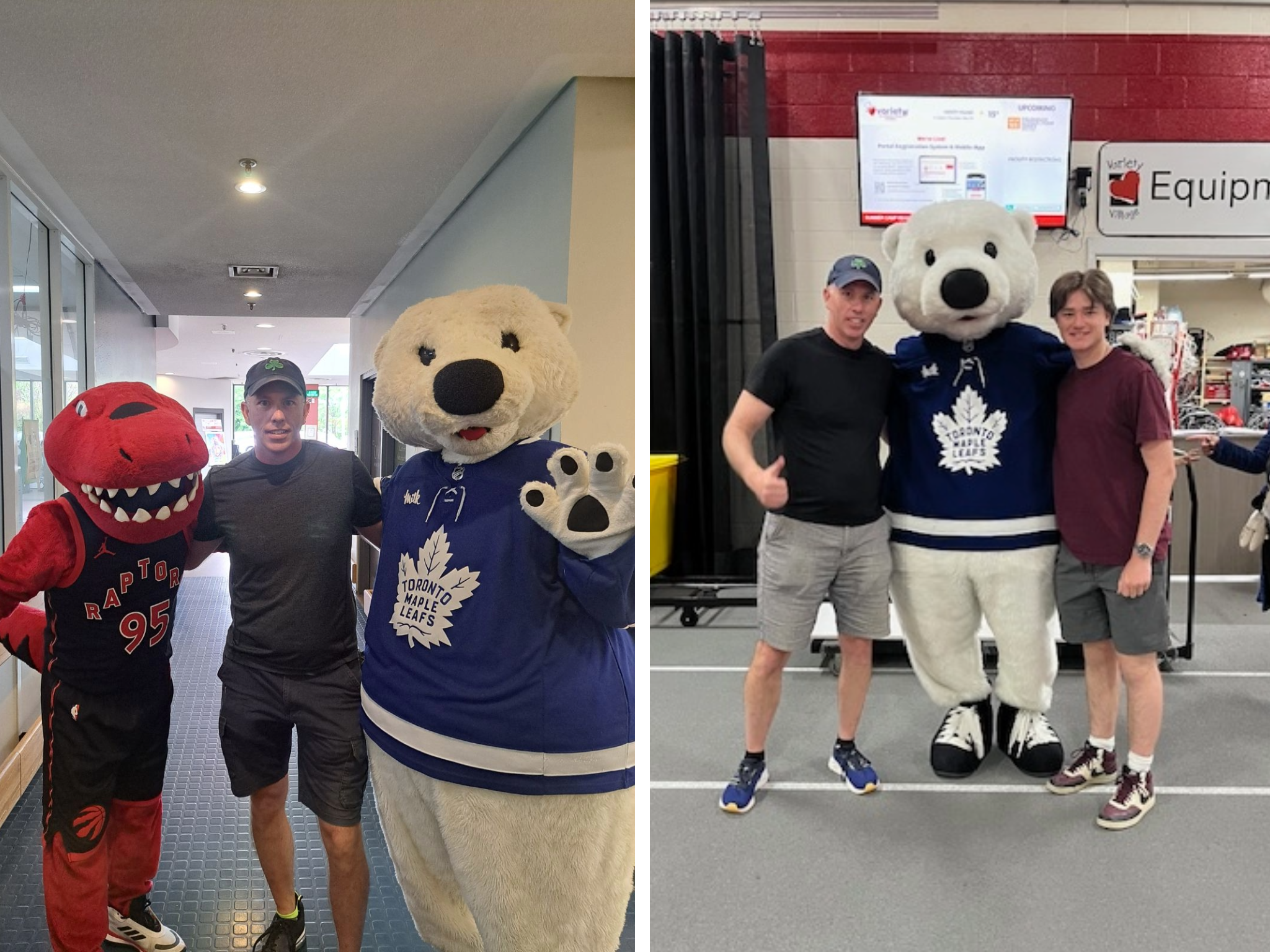 the Maple Leafs' polar bear mascot between two a man and a teenager with gym equipment in the background