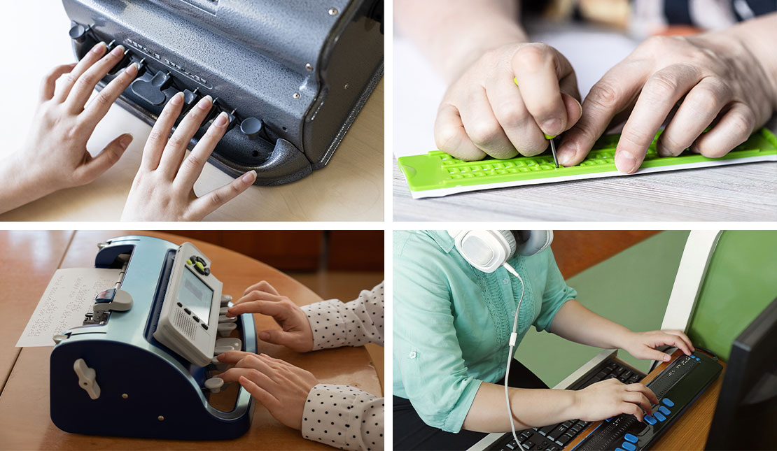 4-Image collage. Top-Left: close up of a person’s hands typing on a Perkins Manual Brailler. Top-Right: close up of a pair of hands using a Braille Slate and Stylus. Bottom-Left: close up of a person’s hands typing on a modern Perkins Brailler. Bottom-Right: close up of a person using a Refreshable braille display