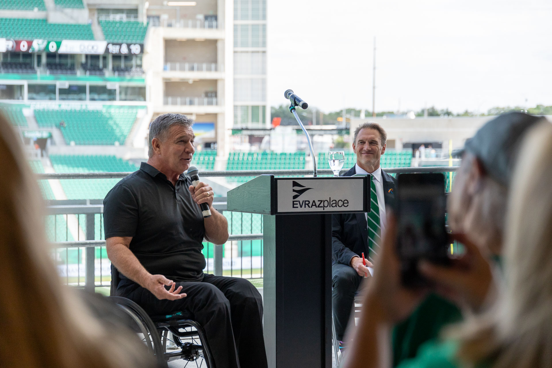 Rick Hansen speaks at Moasic Stadium