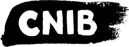 CNIB logo with bold white letters on a black brushstroke background.