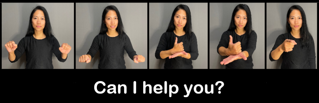 four pictures of a woman with long dark hair using sign language, text says can I help you